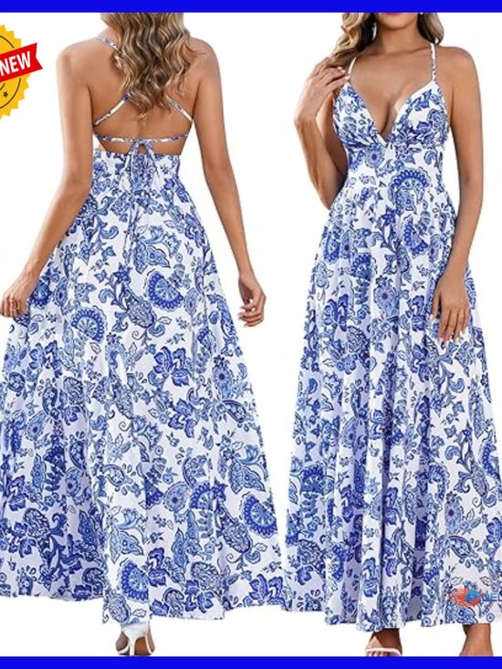 Dresses & Skirts - Summer Floral Maxi Dress Spaghetti Straps V Neck Backless Flowy Beach
